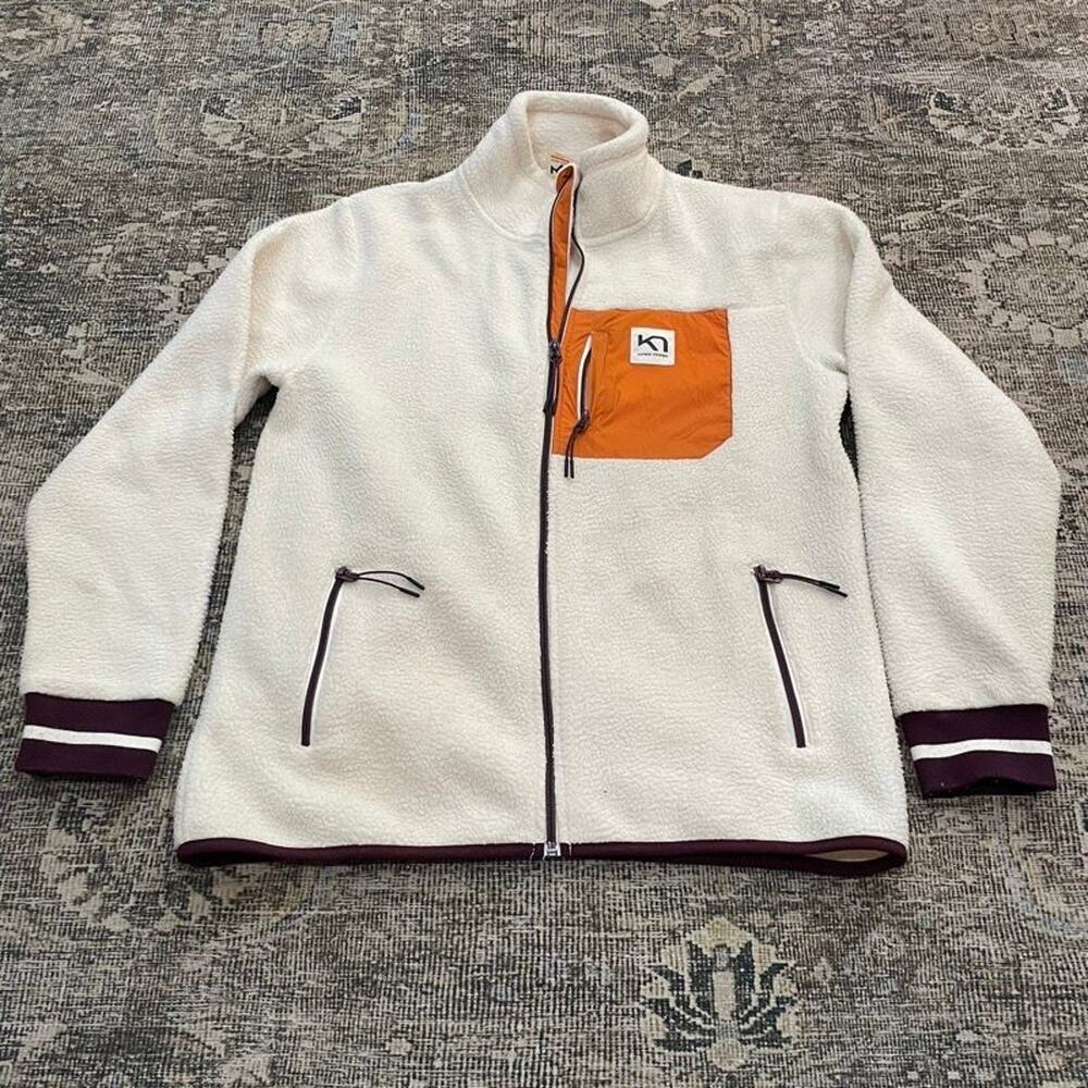 Kari Traa Womens L Sherpa Fleece Jacket Cream Orange Full Zip Rono Retro Style